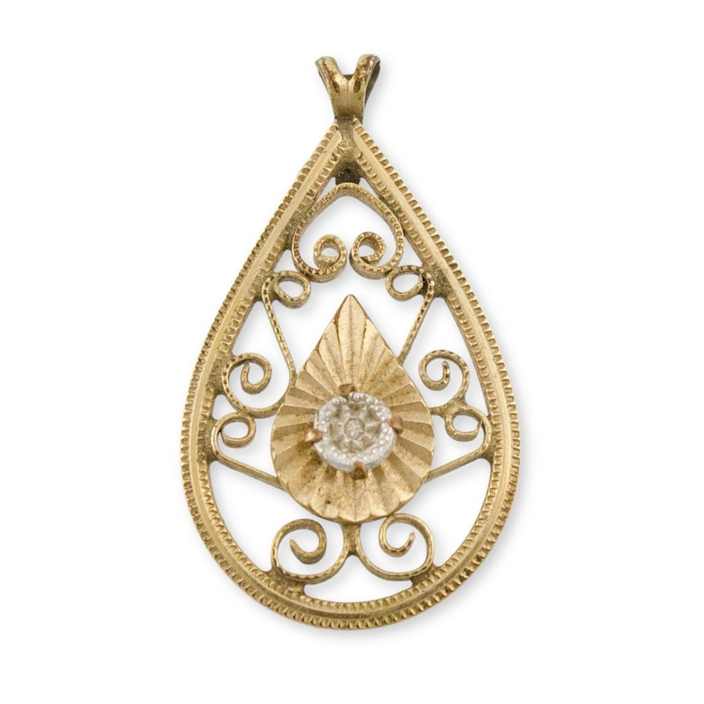 Vintage Genuine Diamond Accent Gold Filled Necklace Pendant Filigree Teardrop